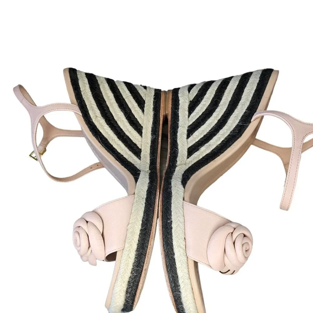 Kate Spade Jill Pink Puff Leather‎ Rosette Black White Woven Raffia Wedges Sz 10